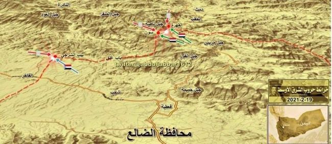 شاهد خارطة السيطرة على الأرض: قوات الضالع تشتعل في وجوه الحوثي وتسيطر على مواقع استراتيجيه لتخفيف الضغط على مأرب